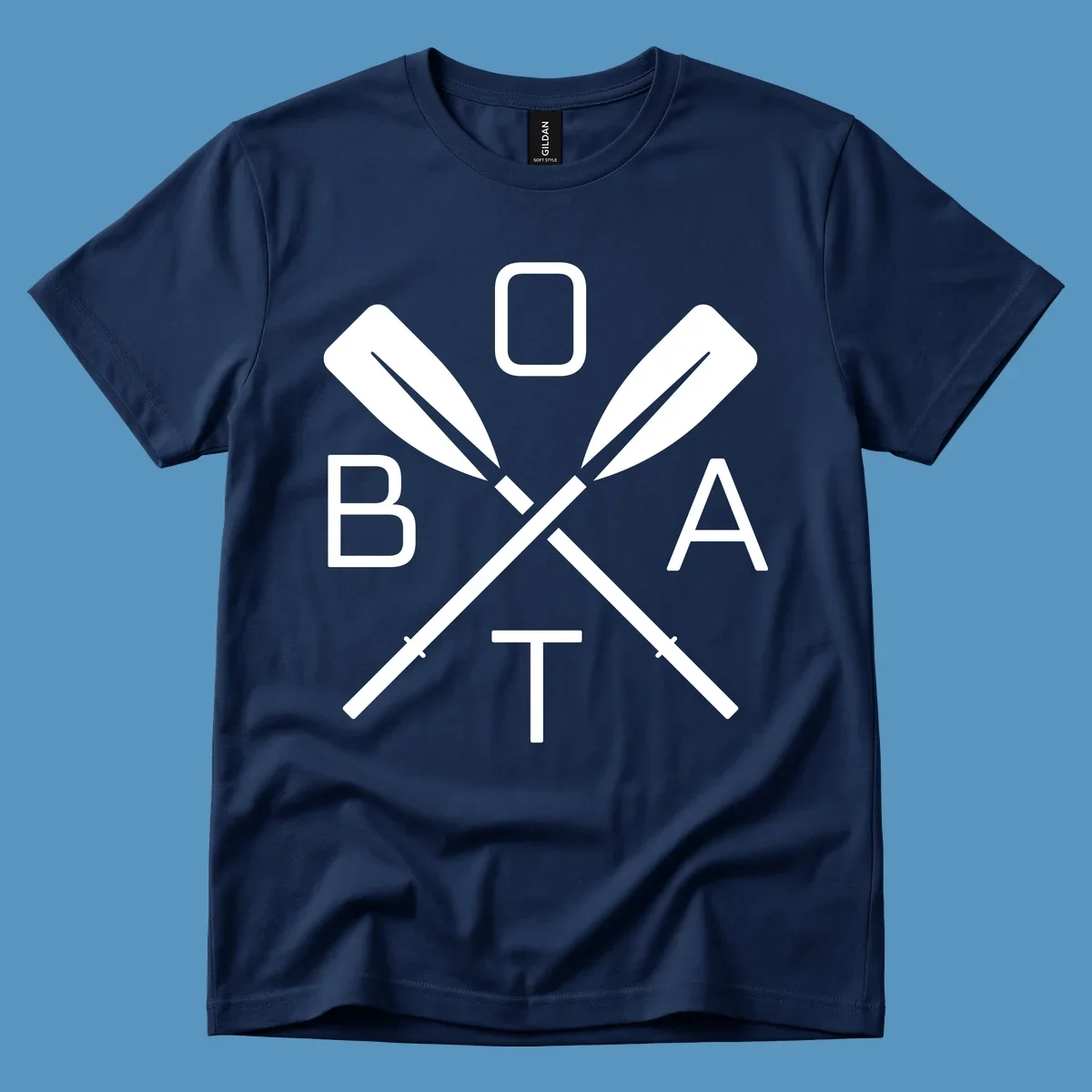 Boat oar design with letters B O A T arranged around crossed oars.