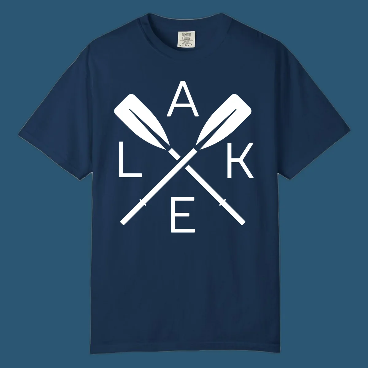 Lake Day crossed oars graphic with letters L, A, K, E. lake-day-oars.