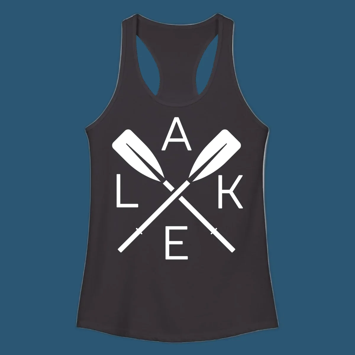 Lake Day crossed oars graphic with letters L, A, K, E. lake-day-oars.