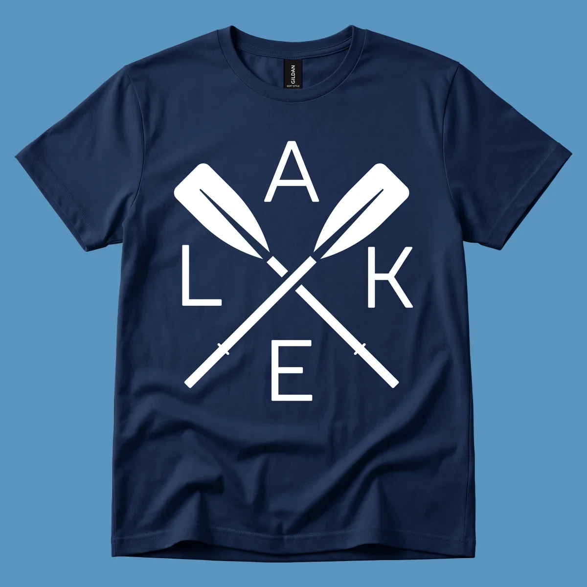 Lake Day crossed oars graphic with letters L, A, K, E. lake-day-oars.