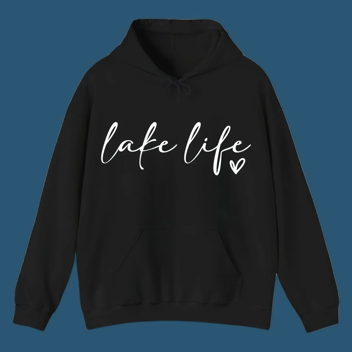 White script text reading 'lake life' with a small heart icon, on a black background.
