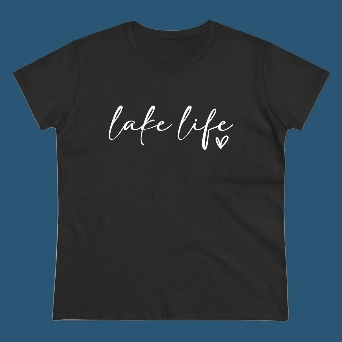 White script text reading 'lake life' with a small heart icon, on a black background.