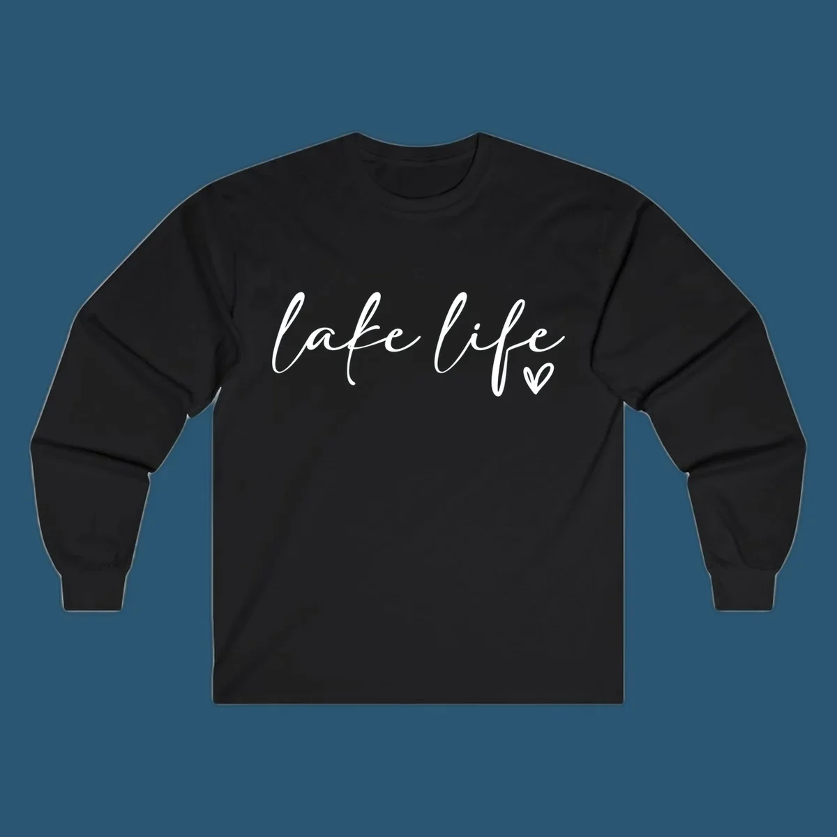 White script text reading 'lake life' with a small heart icon, on a black background.