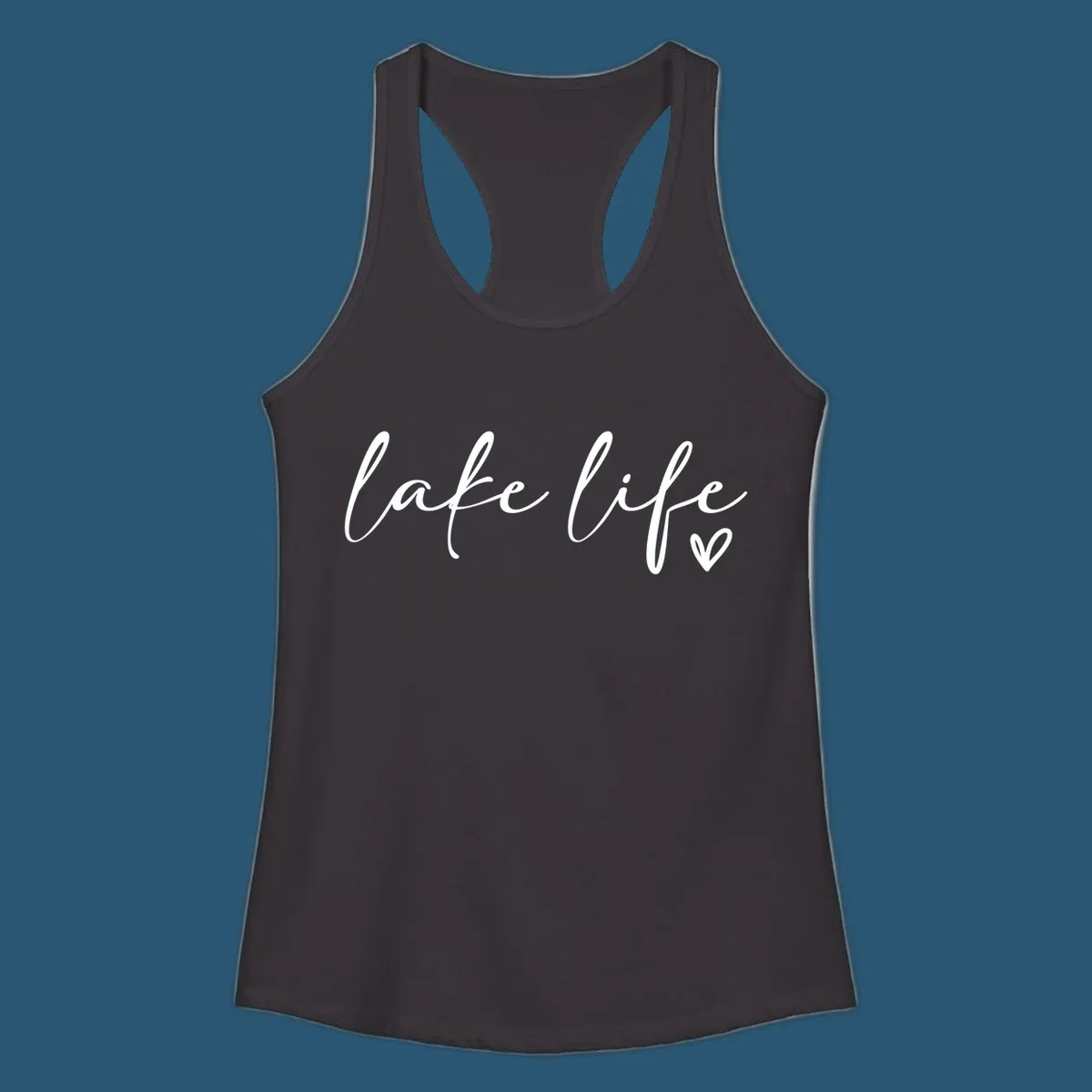 White script text reading 'lake life' with a small heart icon, on a black background.