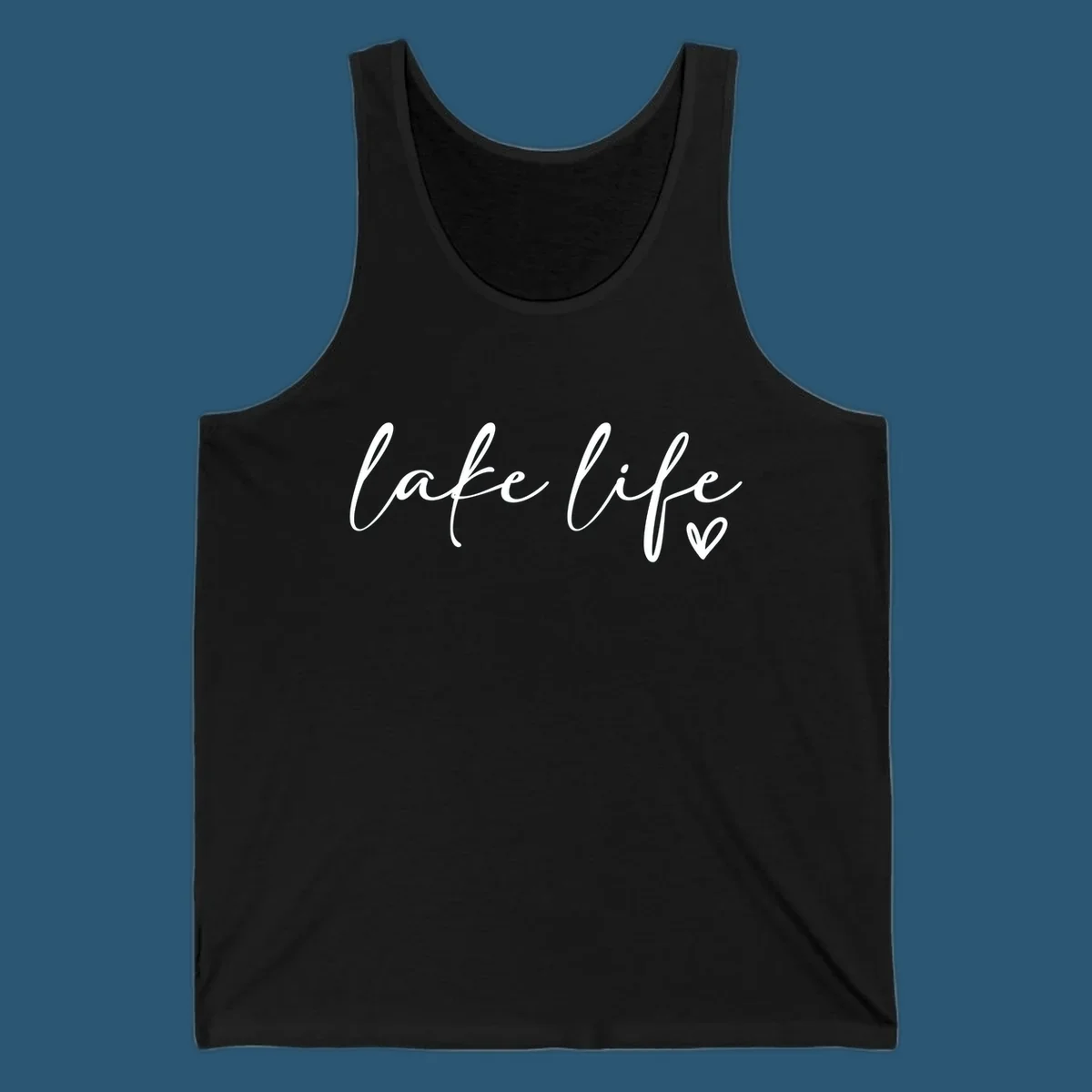 White script text reading 'lake life' with a small heart icon, on a black background.