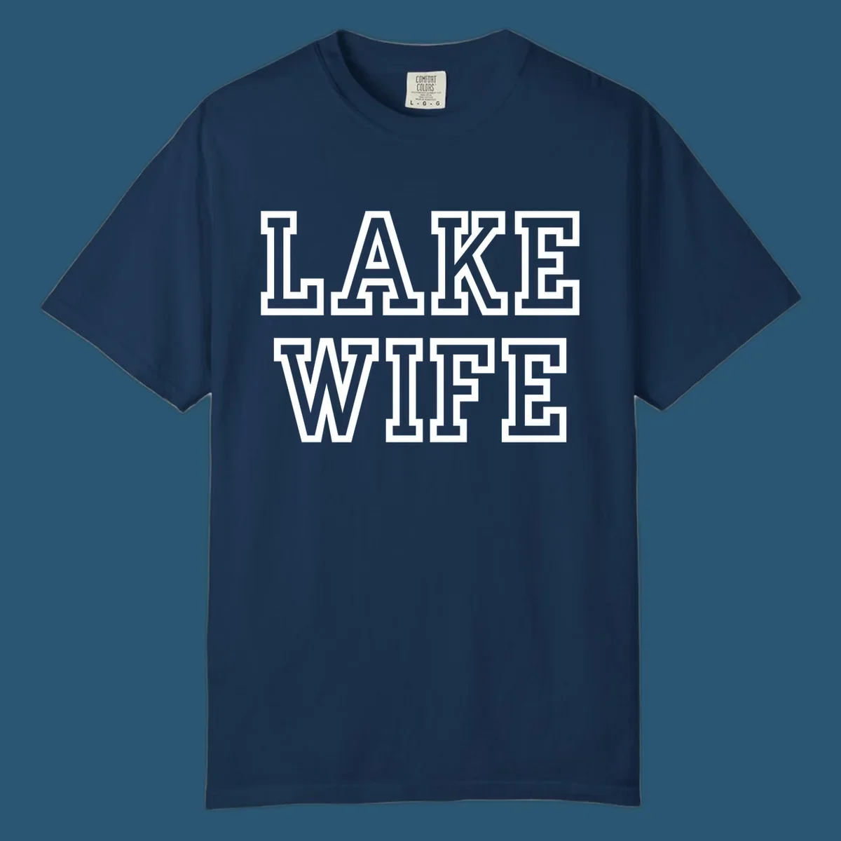 Lake Wife text in collegiate font, navy and white colors, on dark and light backgrounds.