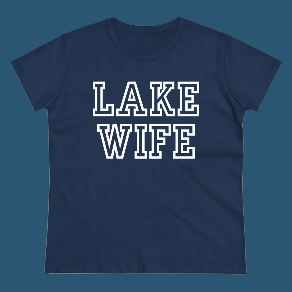 Lake Wife text in collegiate font, navy and white colors, on dark and light backgrounds.