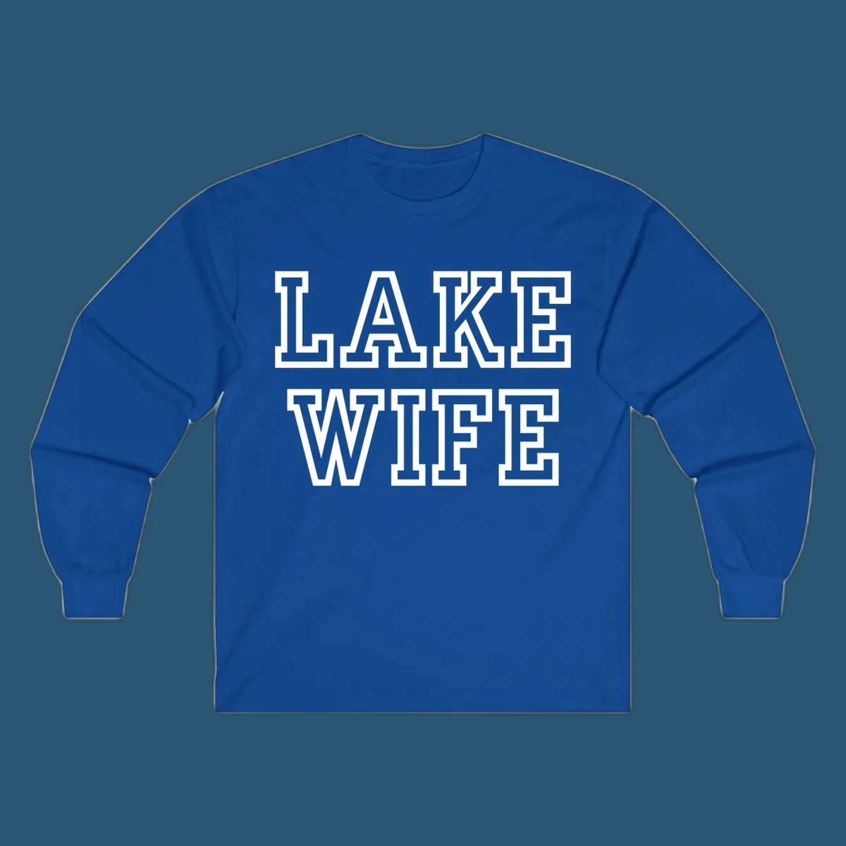 Lake Wife text in collegiate font, navy and white colors, on dark and light backgrounds.