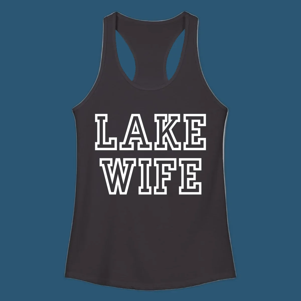 Lake Wife text in collegiate font, navy and white colors, on dark and light backgrounds.