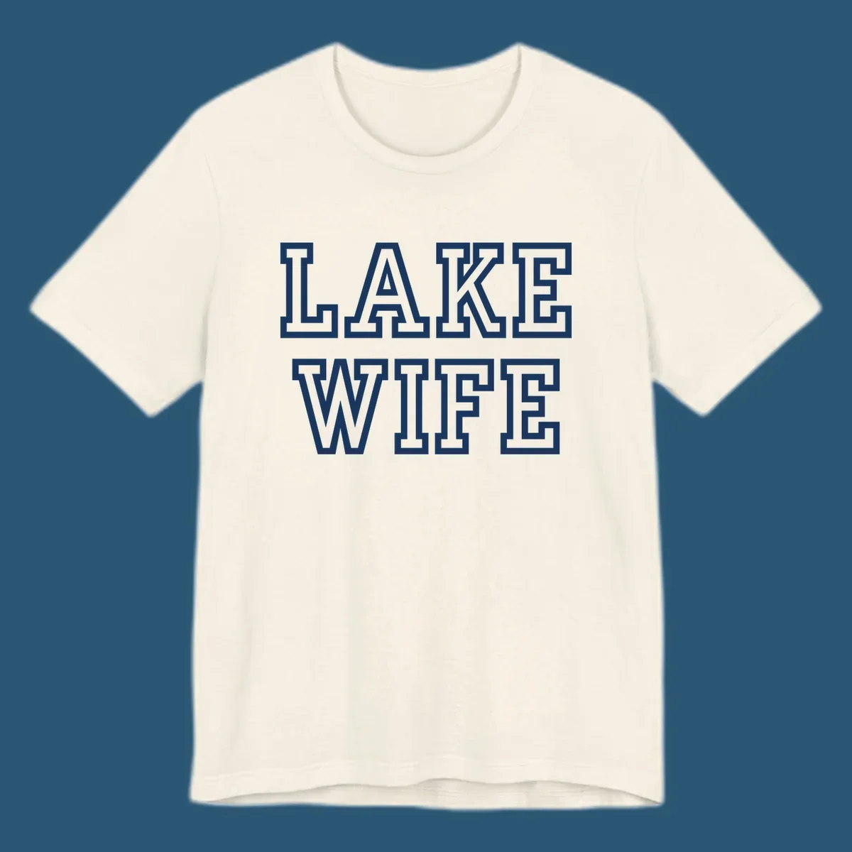 Lake Wife text in collegiate font, navy and white colors, on dark and light backgrounds.