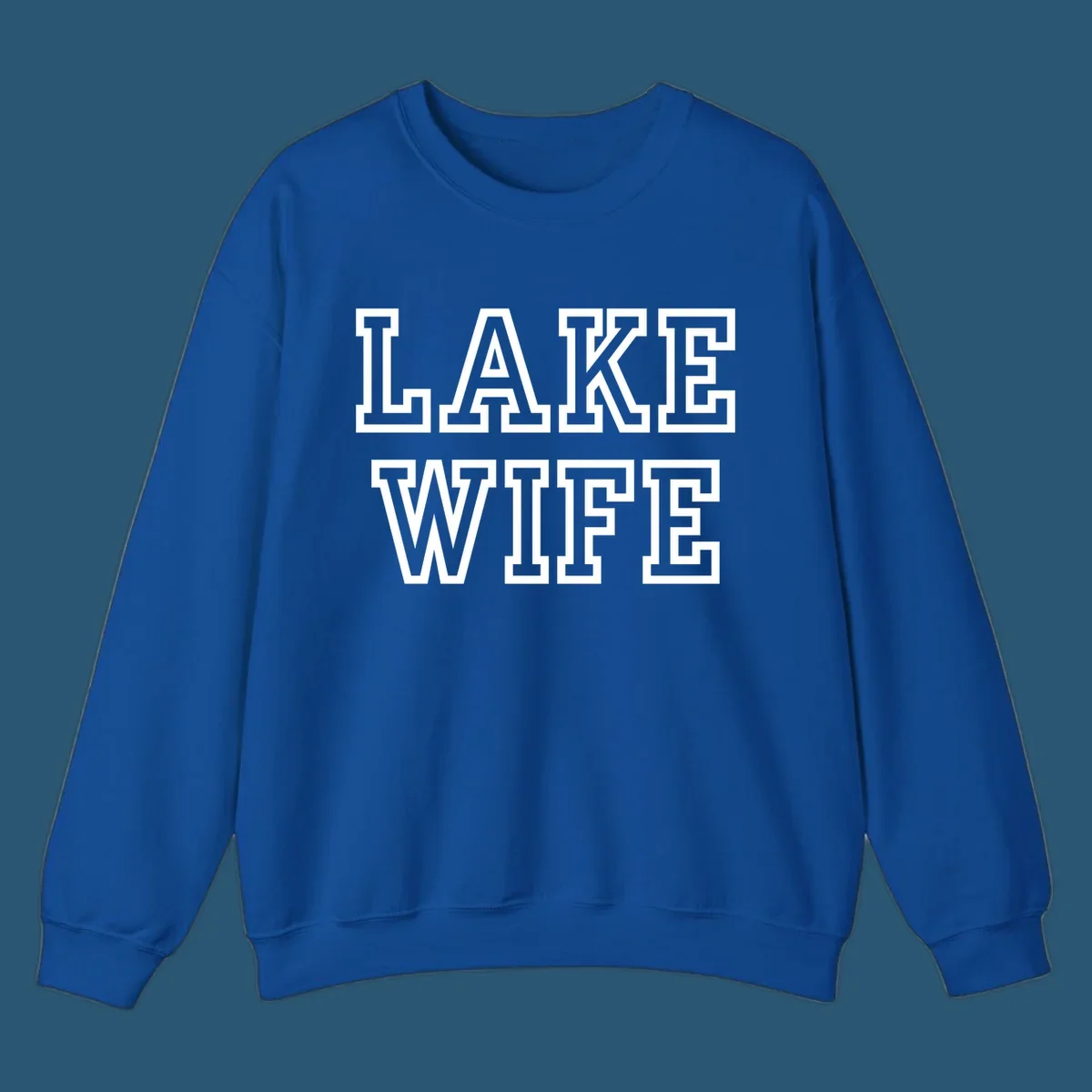 Lake Wife text in collegiate font, navy and white colors, on dark and light backgrounds.