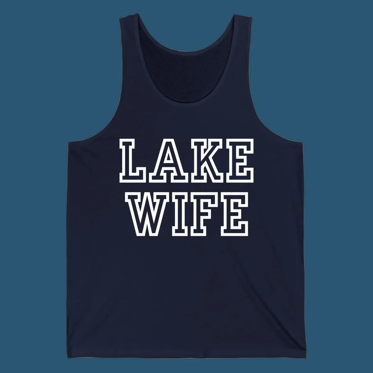 Lake Wife text in collegiate font, navy and white colors, on dark and light backgrounds.