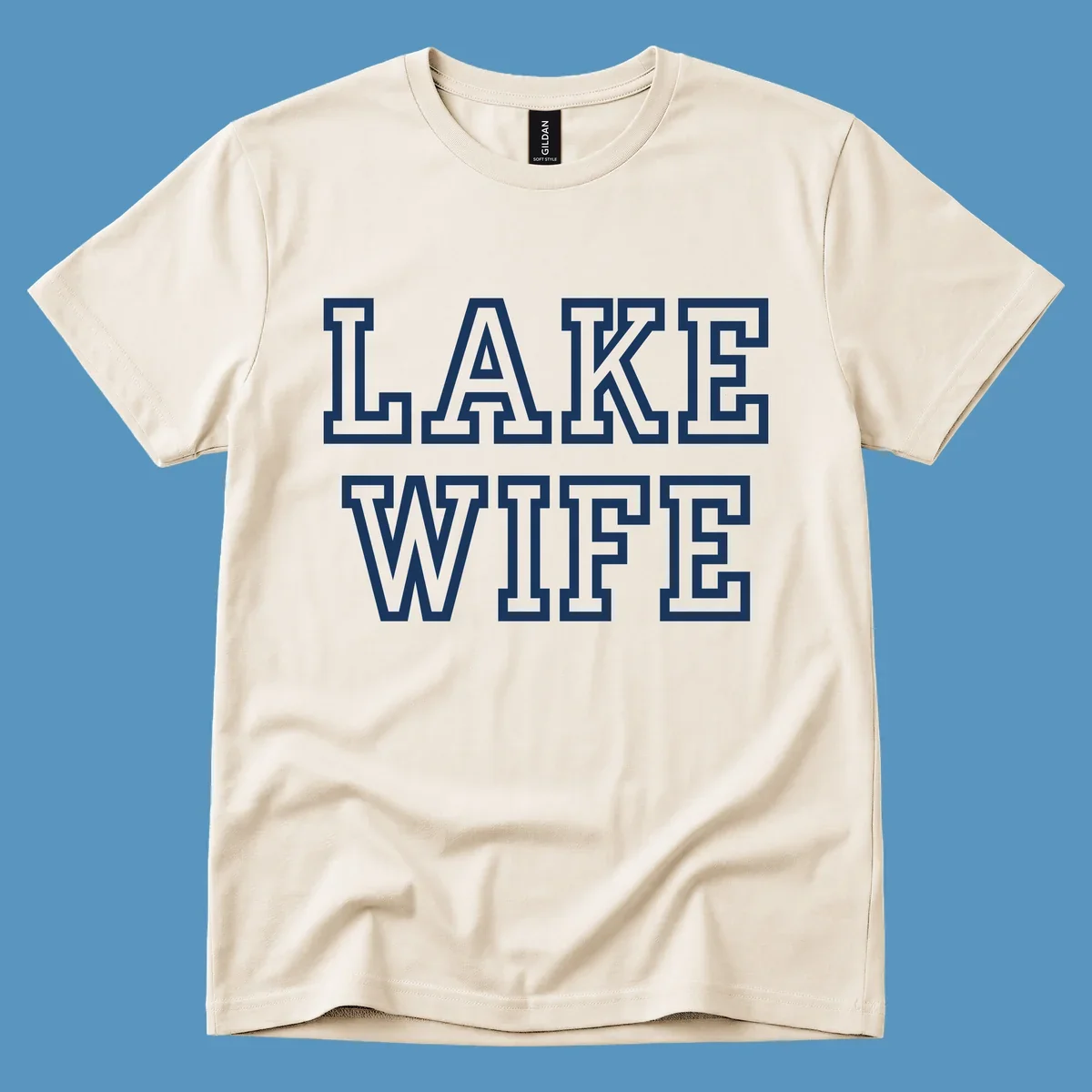 Lake Wife text in collegiate font, navy and white colors, on dark and light backgrounds.