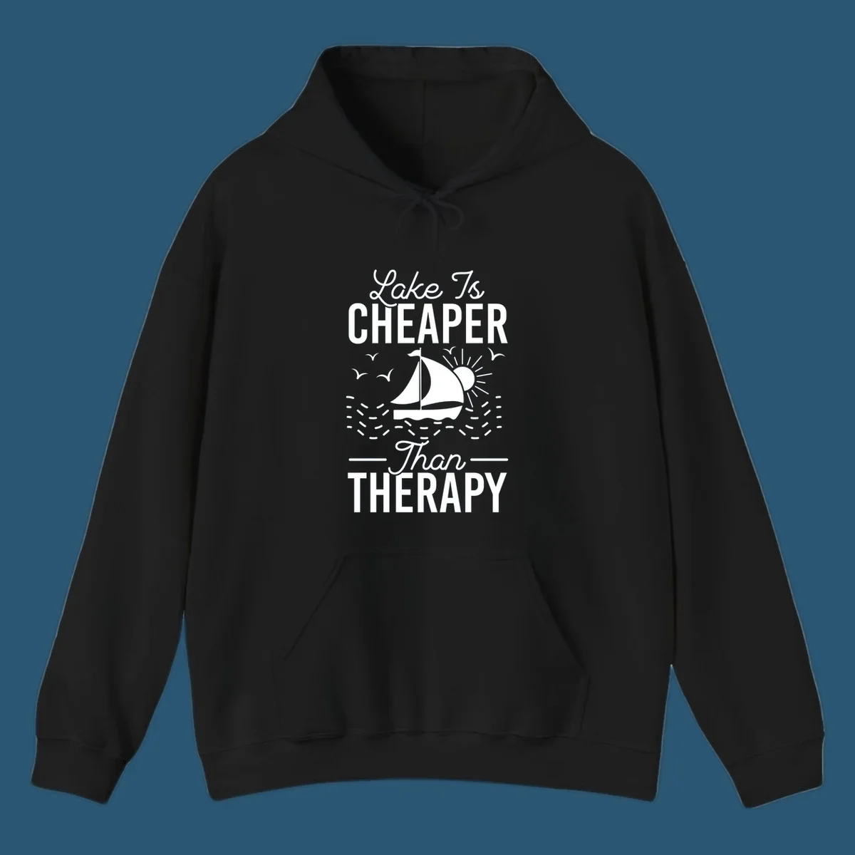 Lake is cheaper than therapy design with sailboat, sun, and birds.