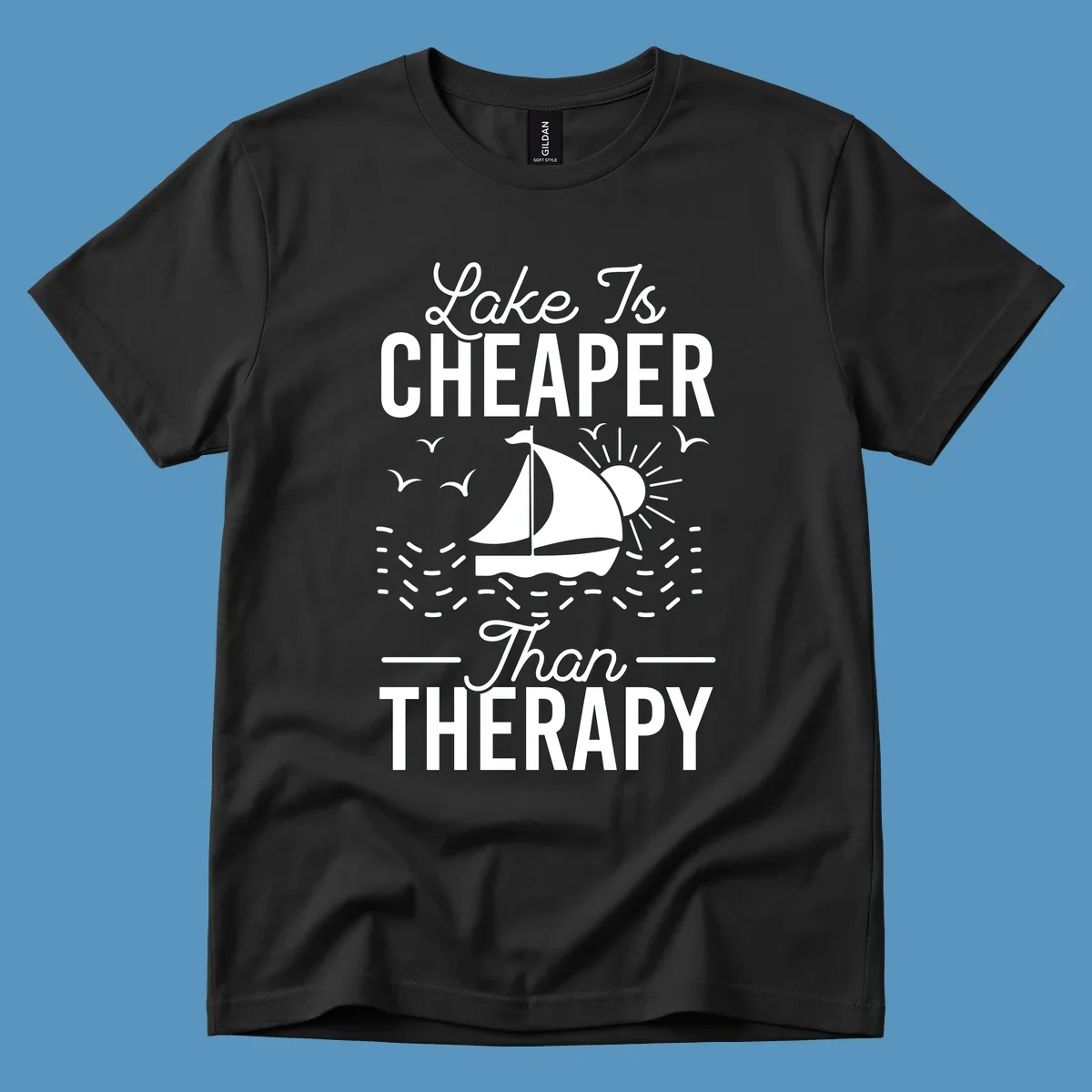 Lake is cheaper than therapy design with sailboat, sun, and birds.