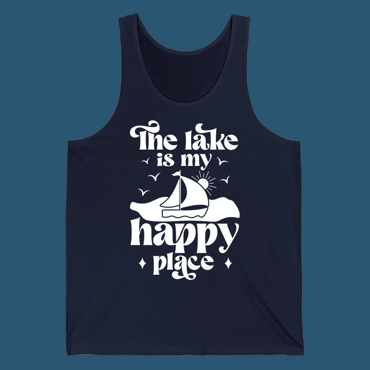 Retro text design 'The lake is my happy place' with sailboat, sun, and birds.