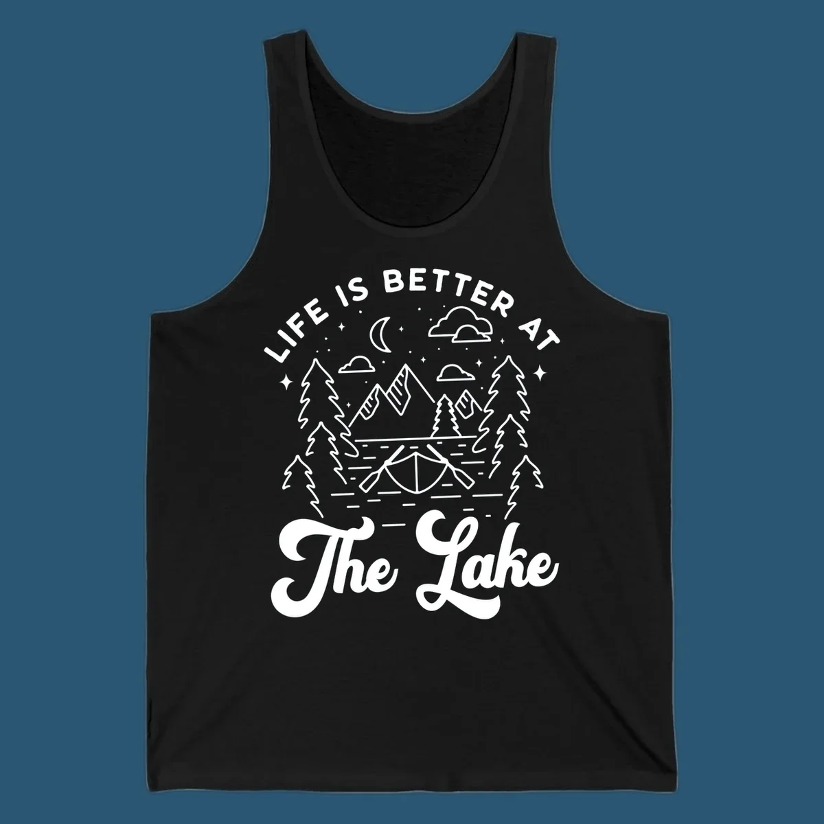 Lake life graphic with mountains, canoe, moon, and text 'Life Is Better At The Lake'.