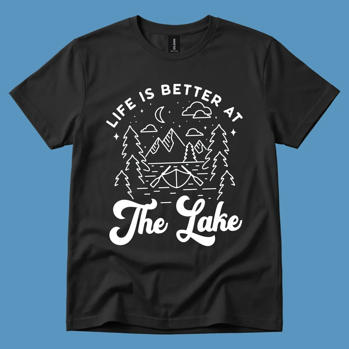 Lake life graphic with mountains, canoe, moon, and text 'Life Is Better At The Lake'.