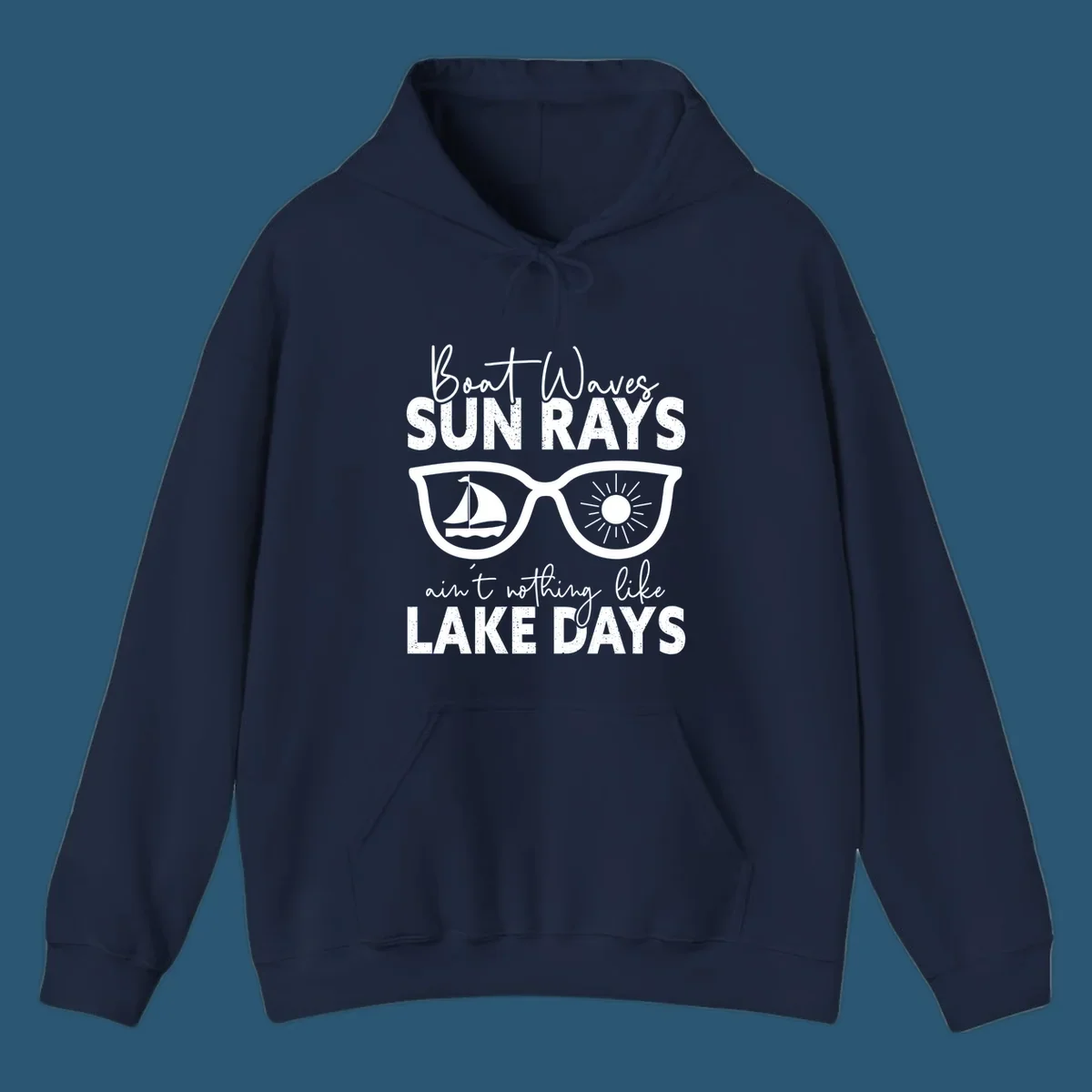 Lake days sunglasses with sailboat and sun rays, text reads Boat Waves Sun Rays Ain't Nothing Like Lake Days.