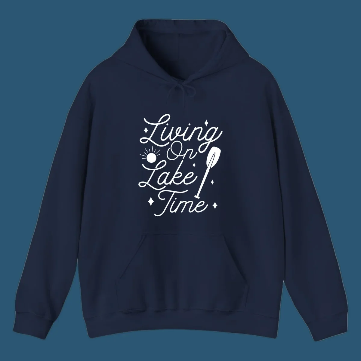 Living on lake time text with sun and paddle illustration.