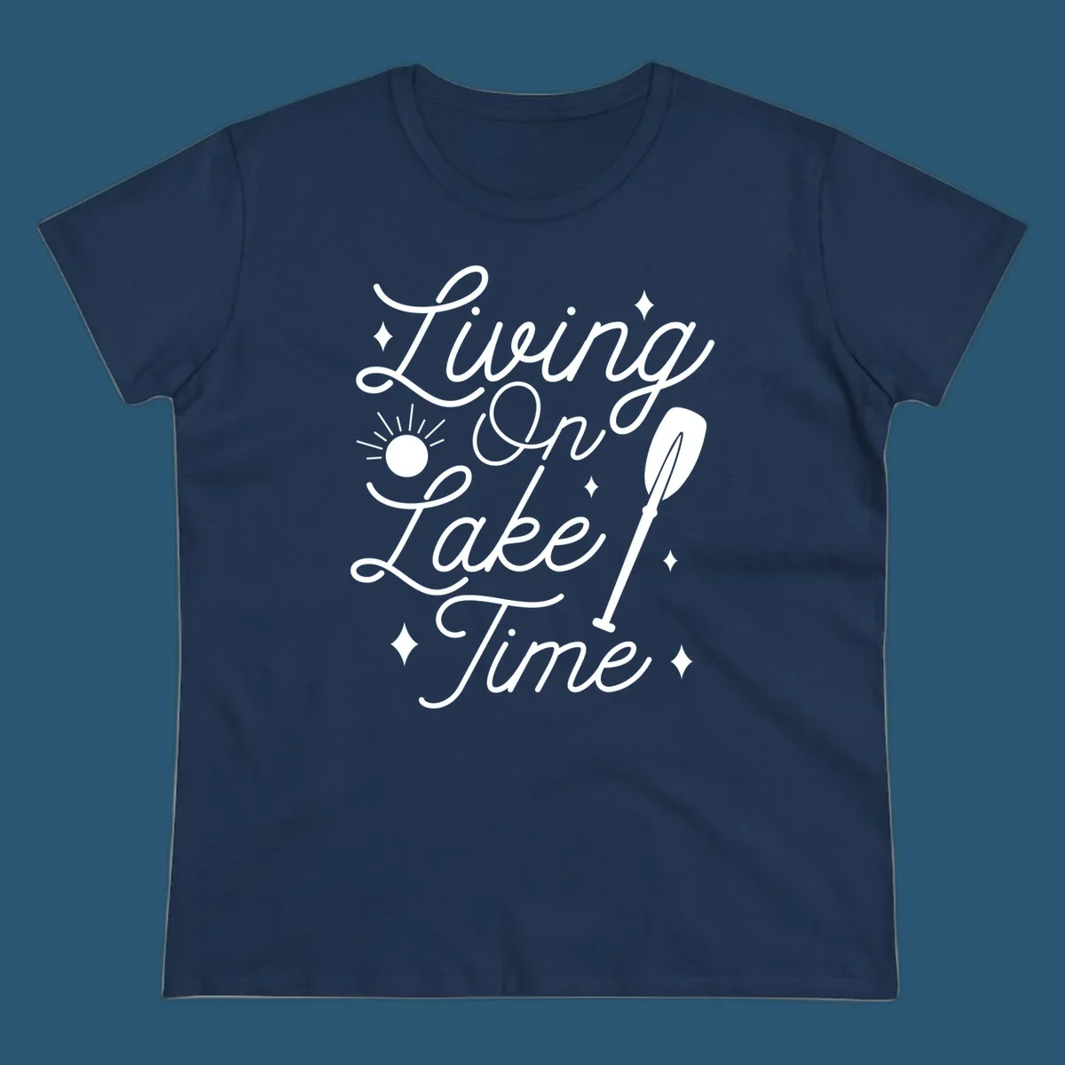 Living on lake time text with sun and paddle illustration.