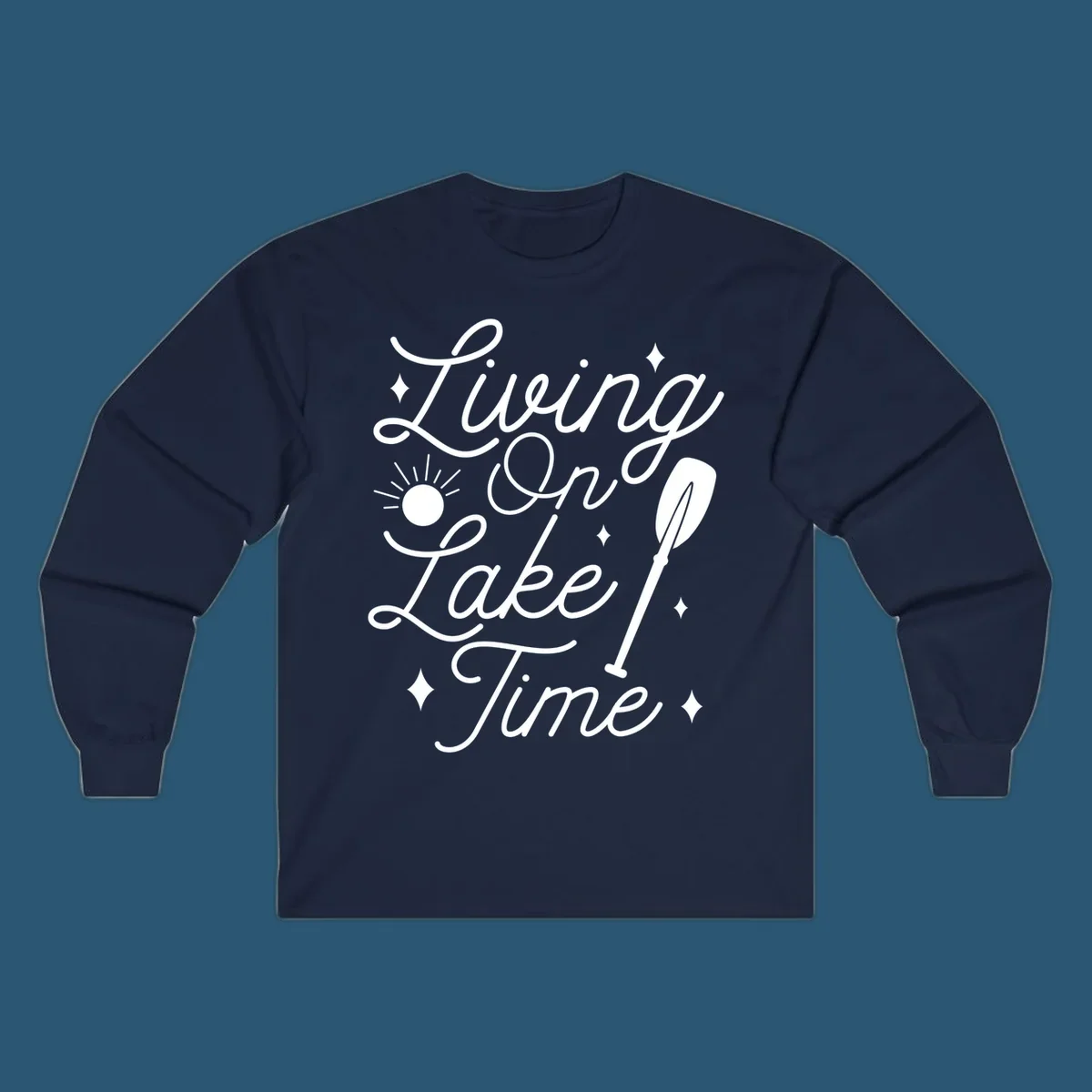 Living on lake time text with sun and paddle illustration.