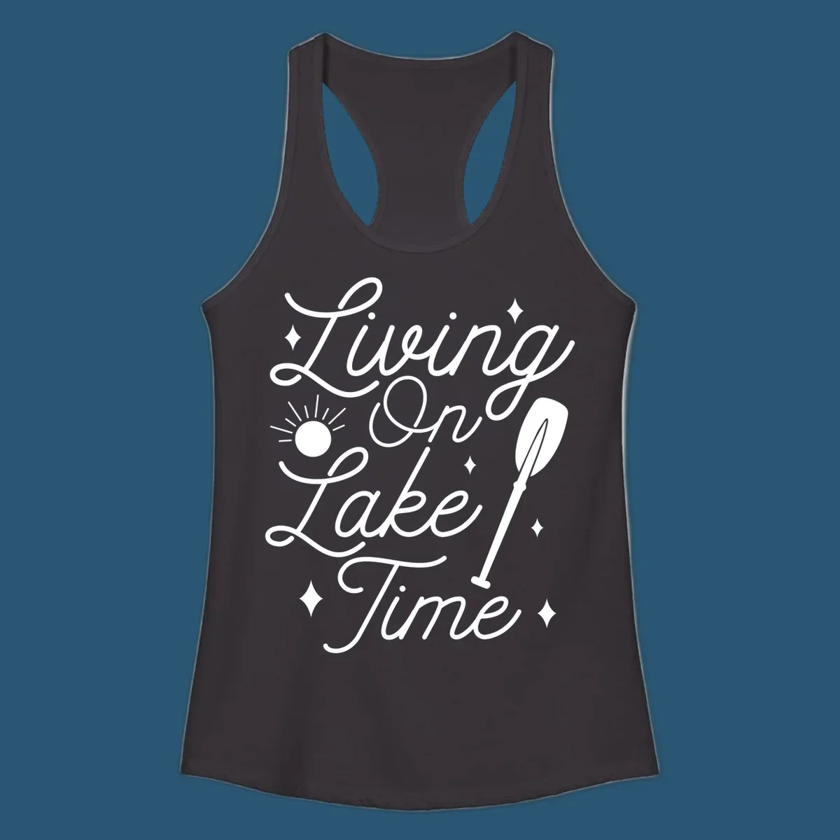 Living on lake time text with sun and paddle illustration.