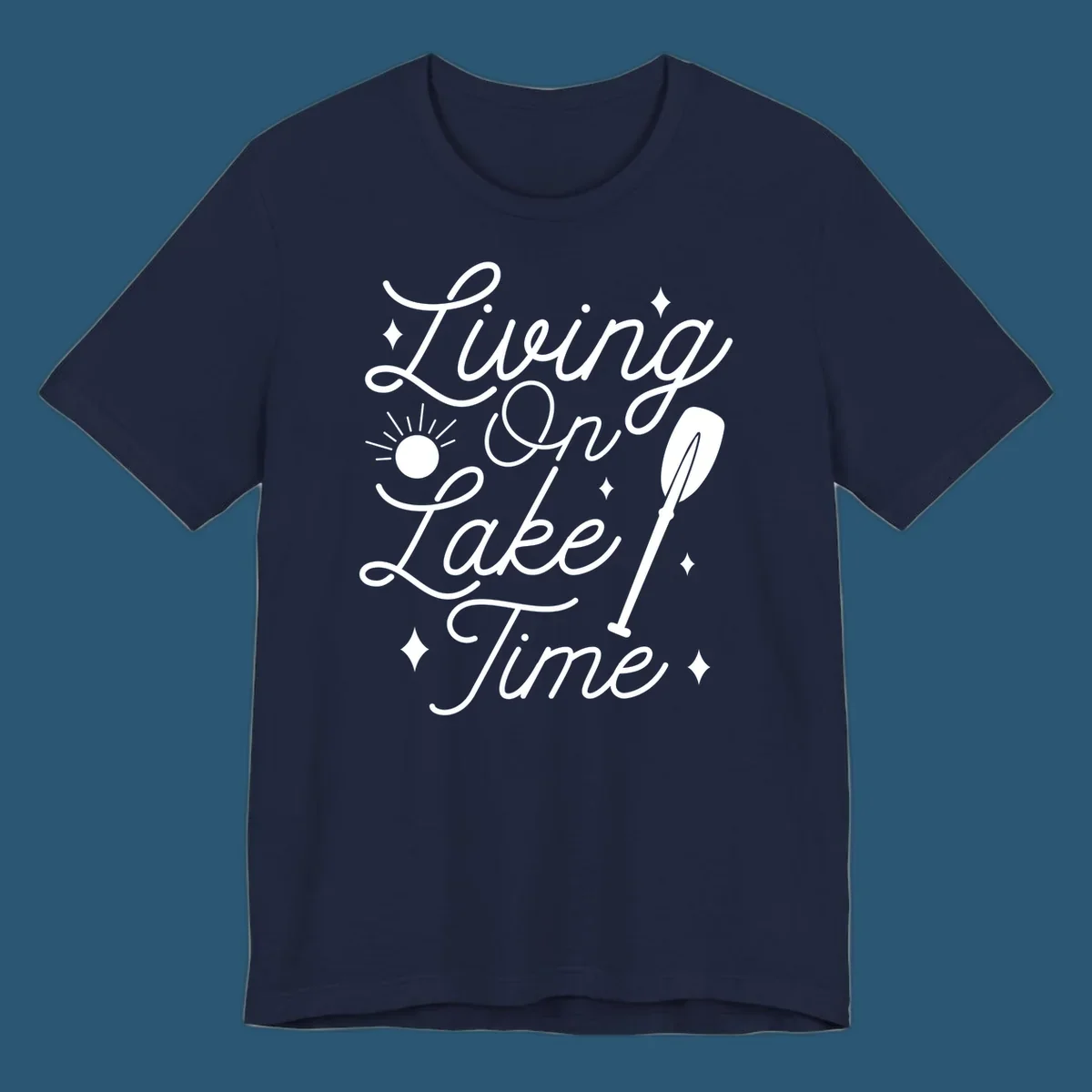 Living on lake time text with sun and paddle illustration.