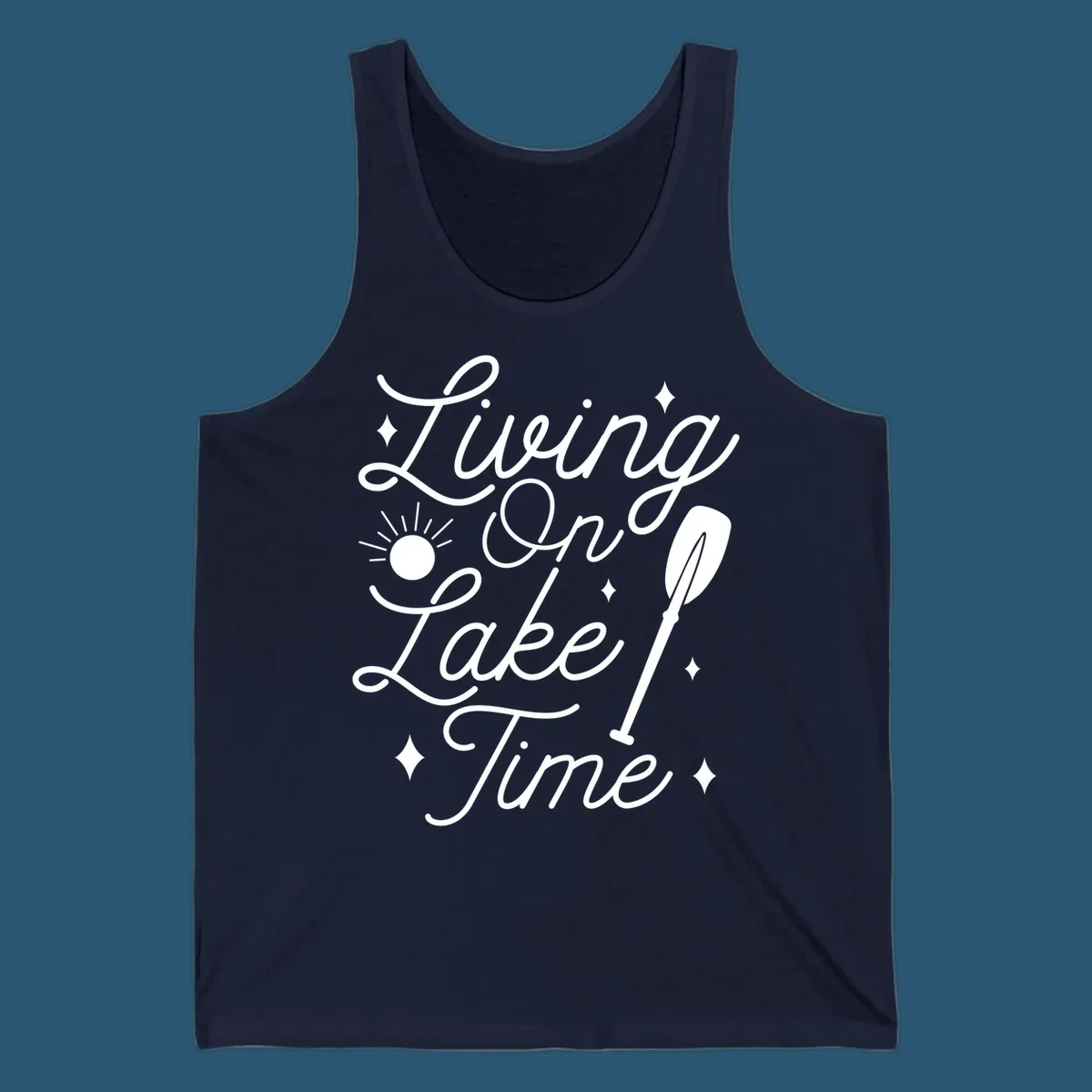 Living on lake time text with sun and paddle illustration.