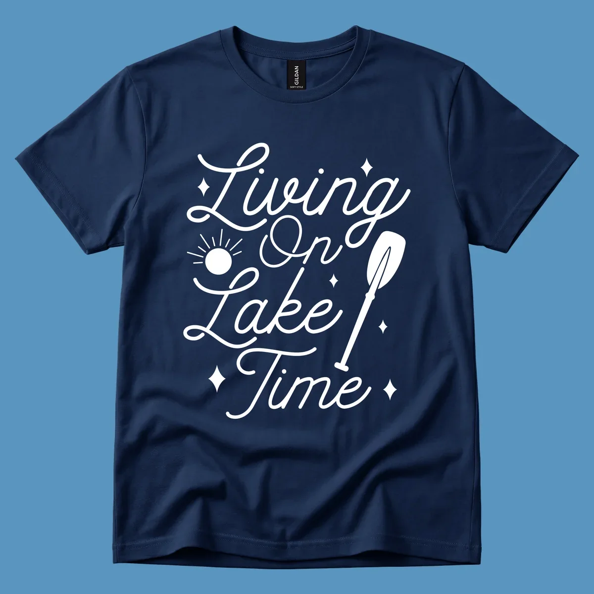 Living on lake time text with sun and paddle illustration.