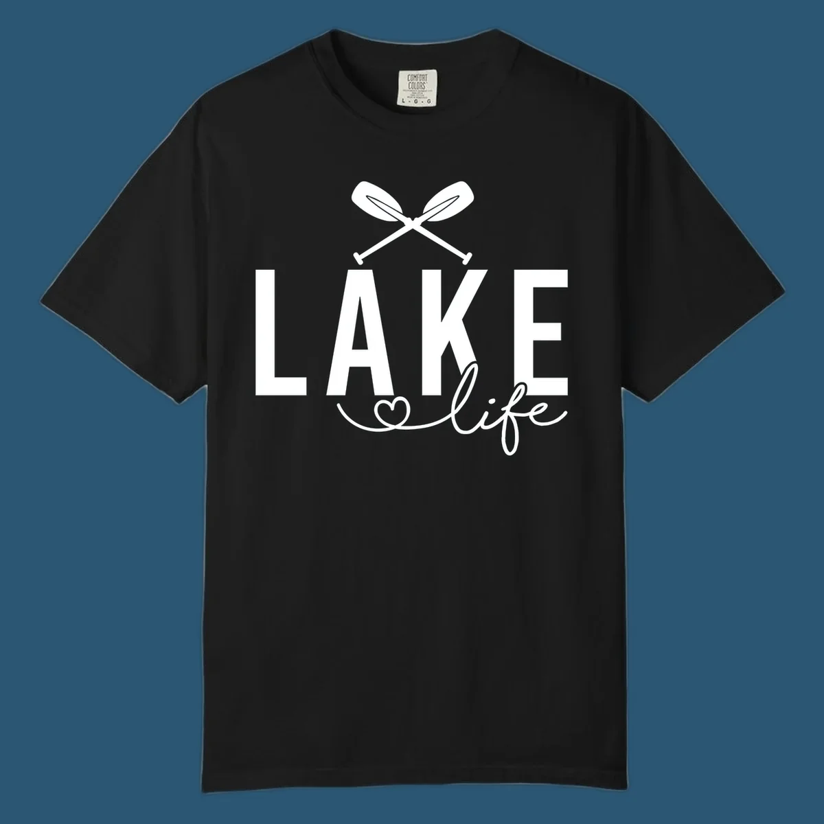 Lake Life design with crossed oars and heart, featuring the words LAKE and life.
