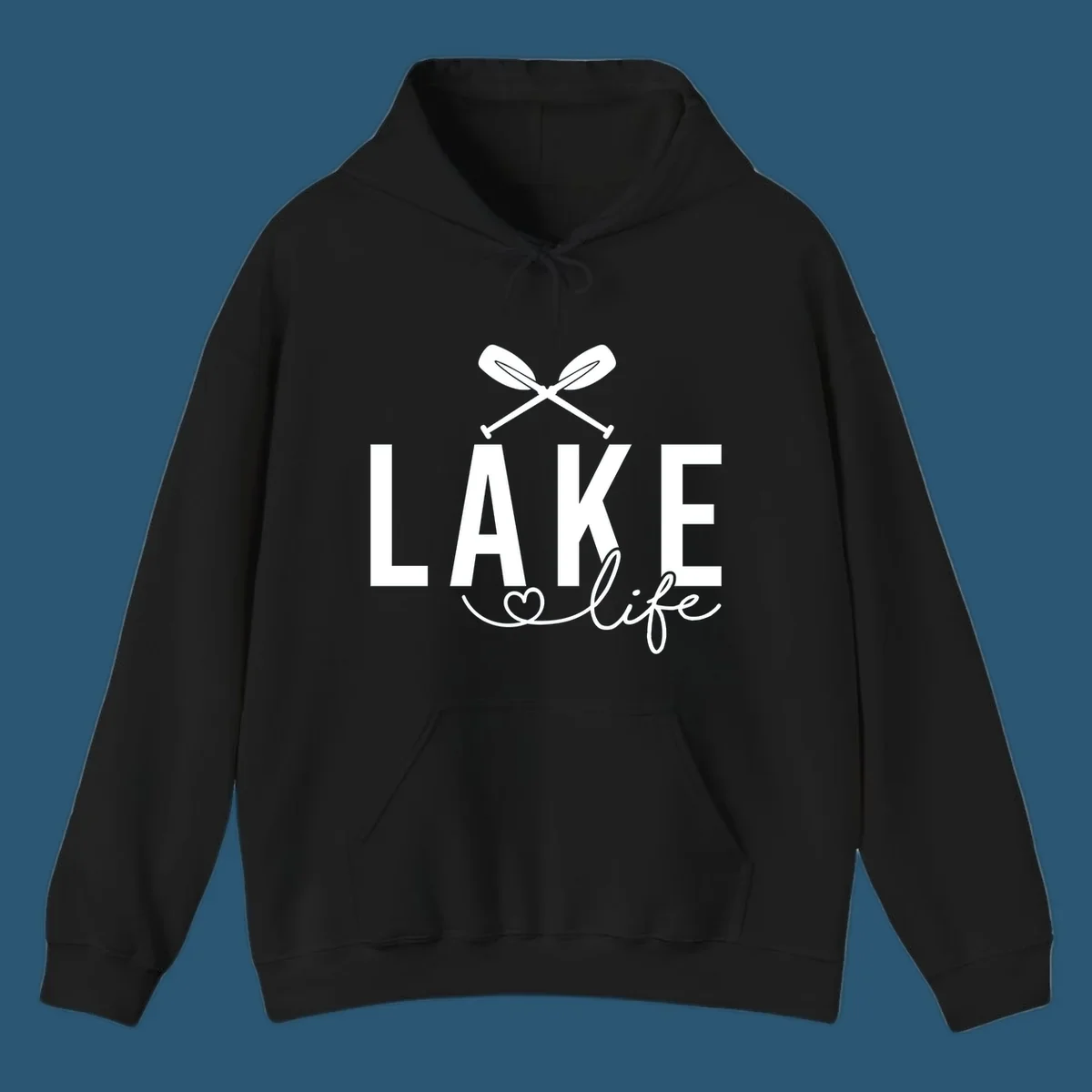 Lake Life design with crossed oars and heart, featuring the words LAKE and life.