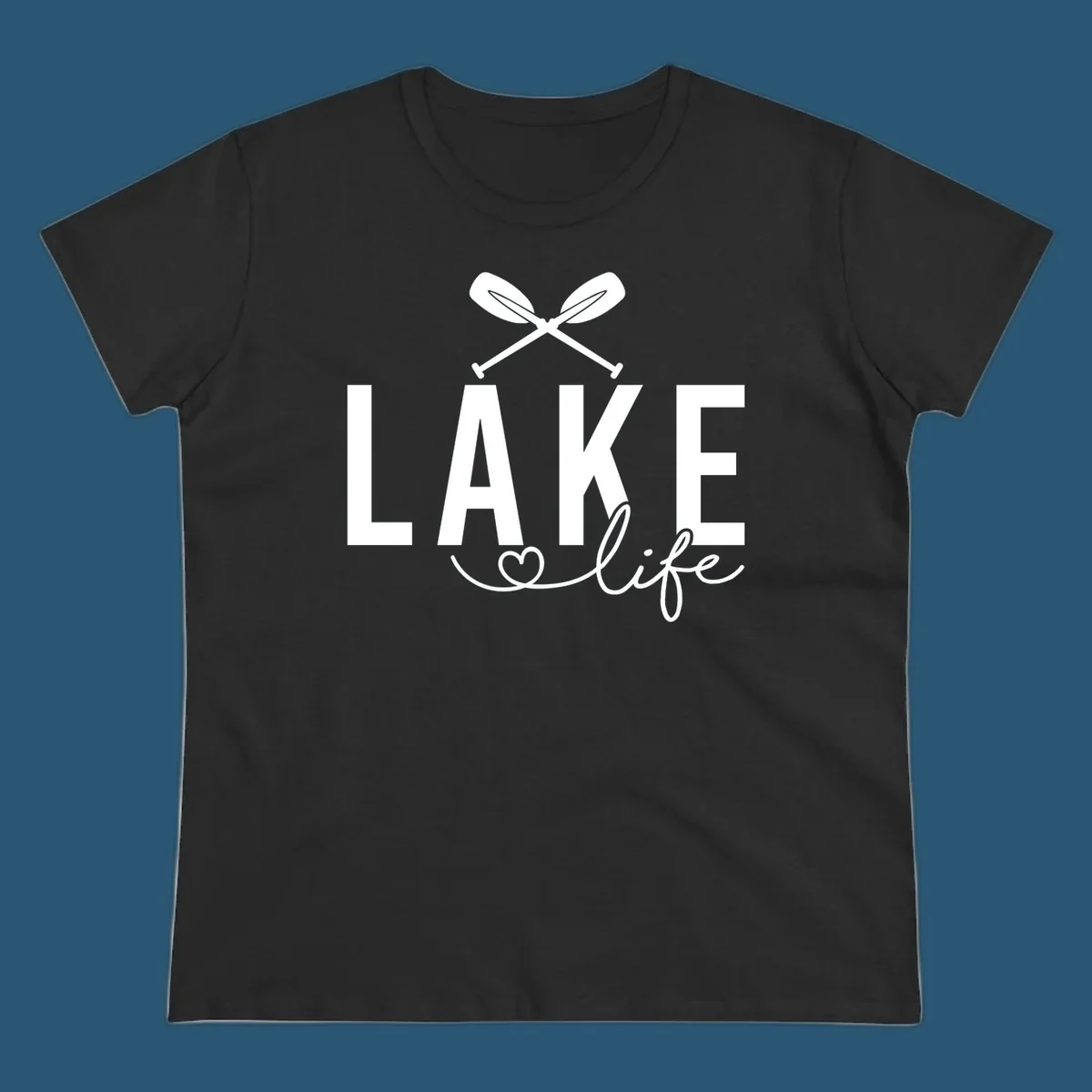 Lake Life design with crossed oars and heart, featuring the words LAKE and life.