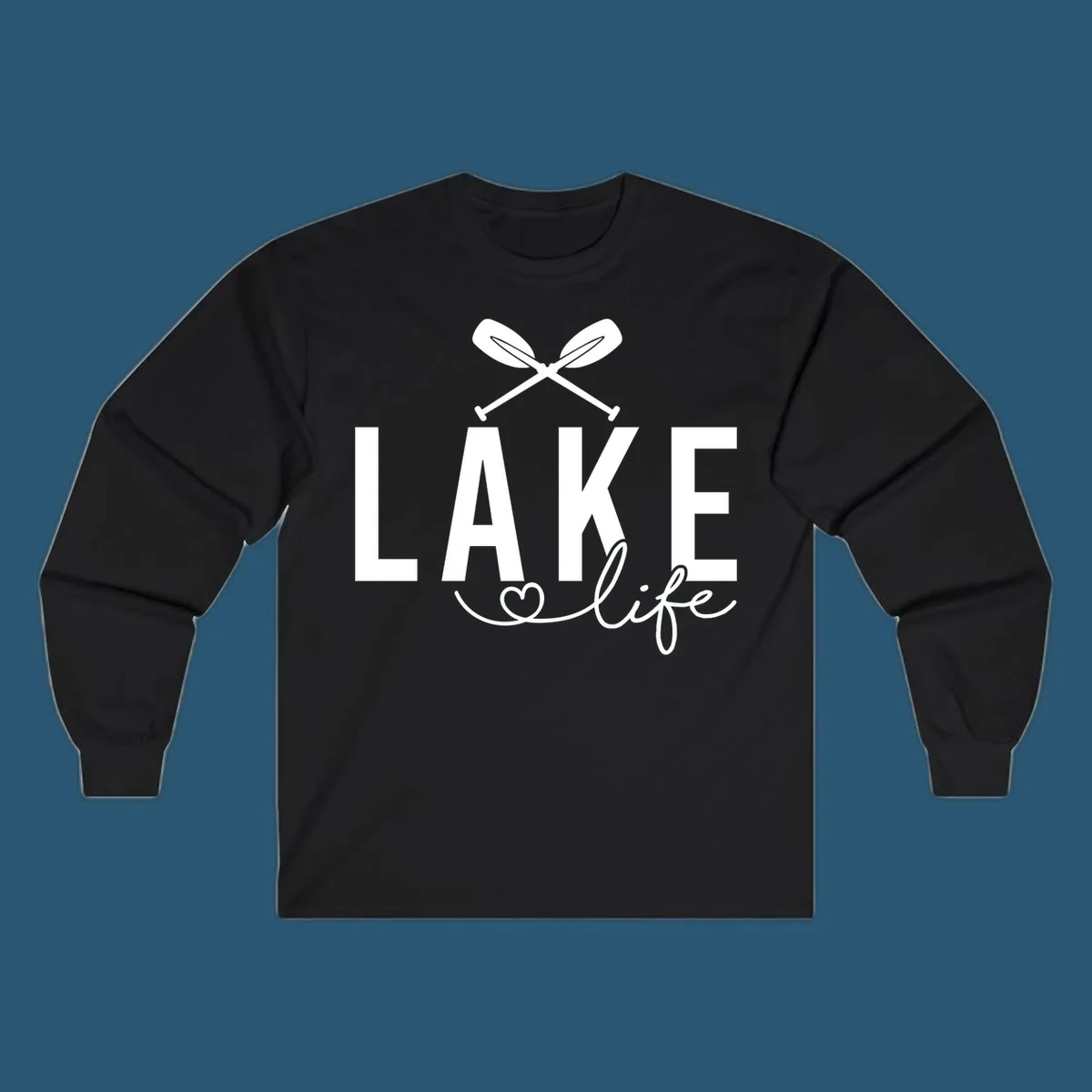 Lake Life design with crossed oars and heart, featuring the words LAKE and life.