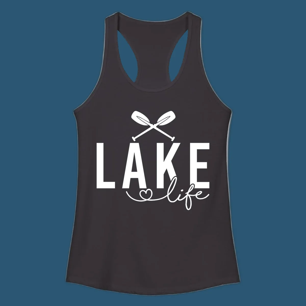 Lake Life design with crossed oars and heart, featuring the words LAKE and life.