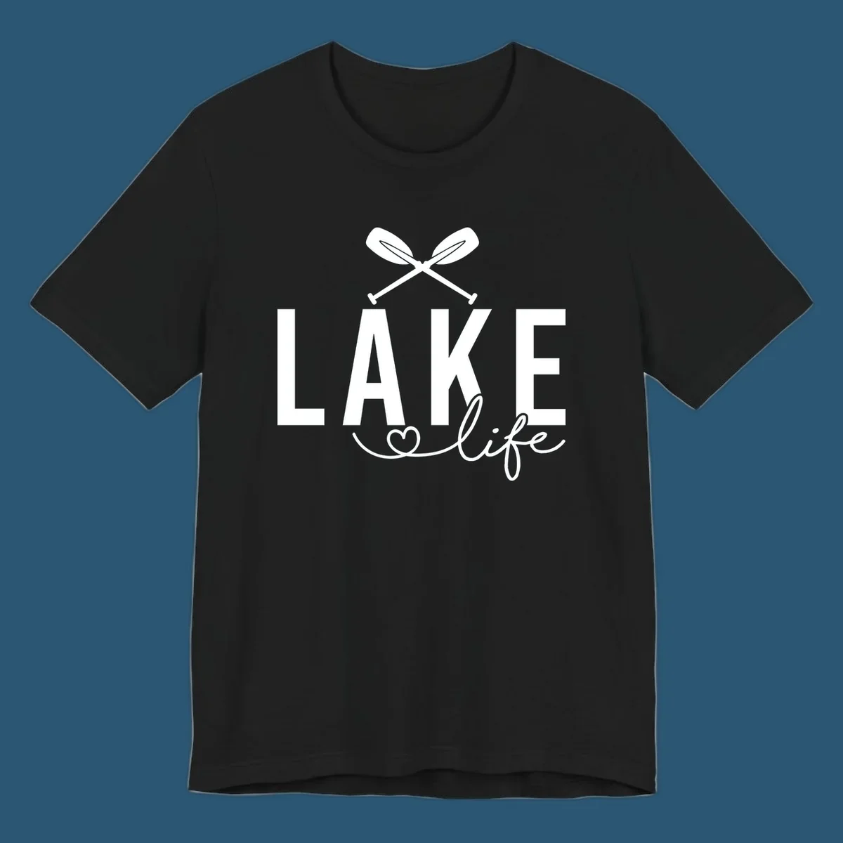 Lake Life design with crossed oars and heart, featuring the words LAKE and life.