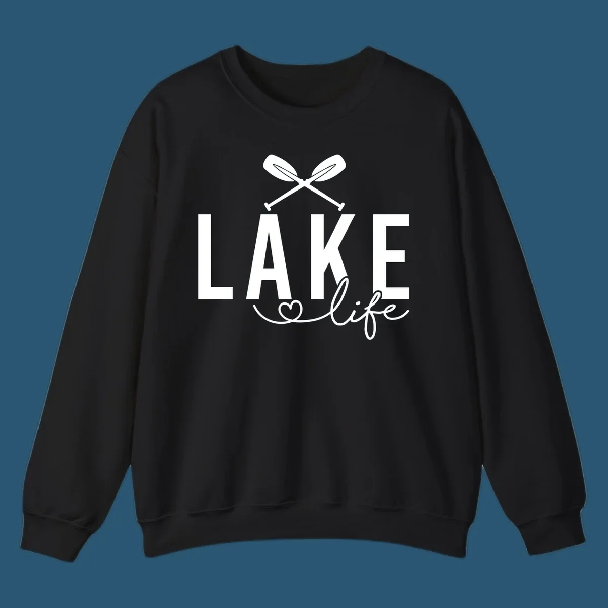 Lake Life design with crossed oars and heart, featuring the words LAKE and life.