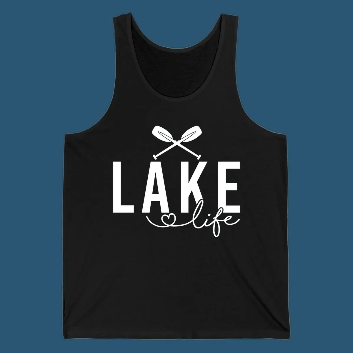 Lake Life design with crossed oars and heart, featuring the words LAKE and life.