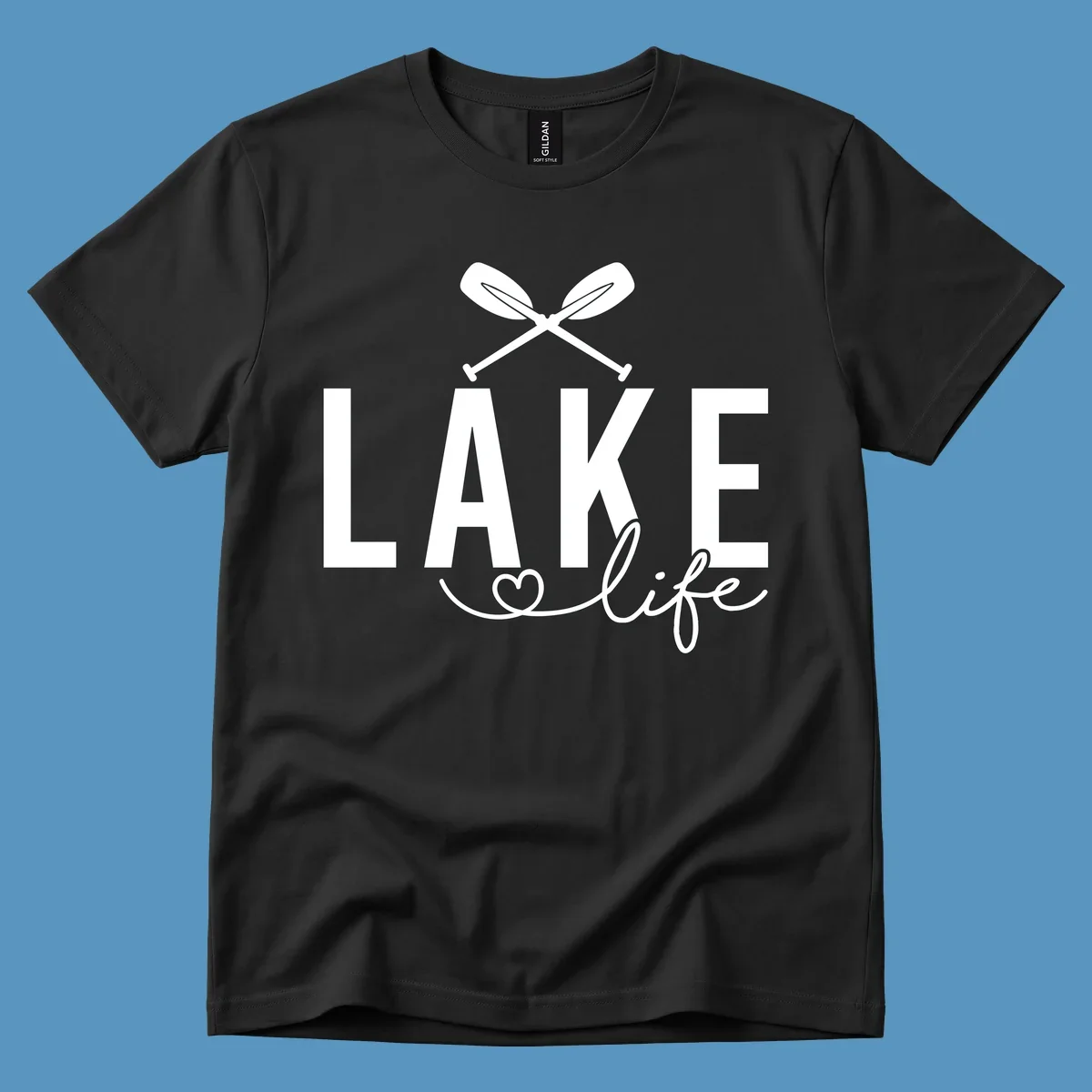 Lake Life design with crossed oars and heart, featuring the words LAKE and life.