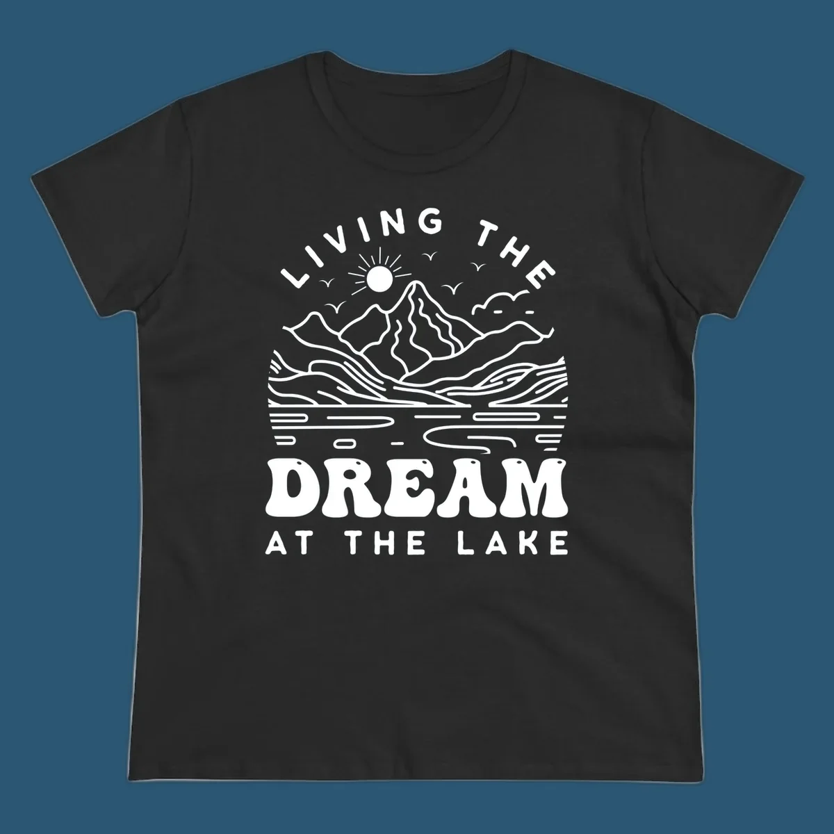 Living the dream at the lake scenic mountain landscape with sun and birds artwork.