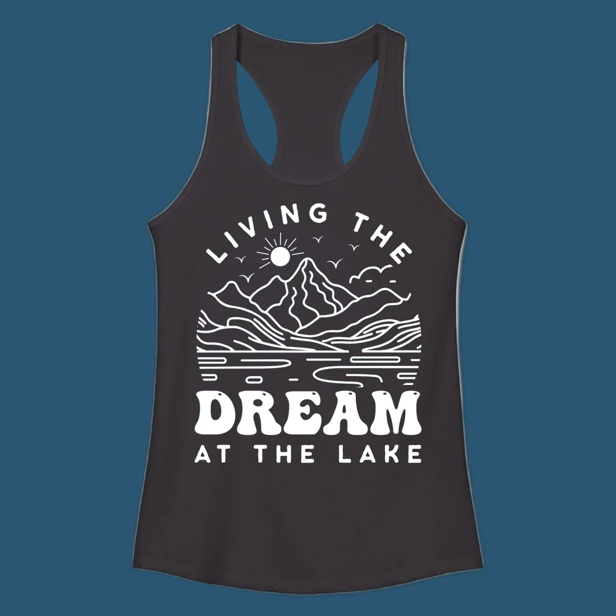 Living the dream at the lake scenic mountain landscape with sun and birds artwork.