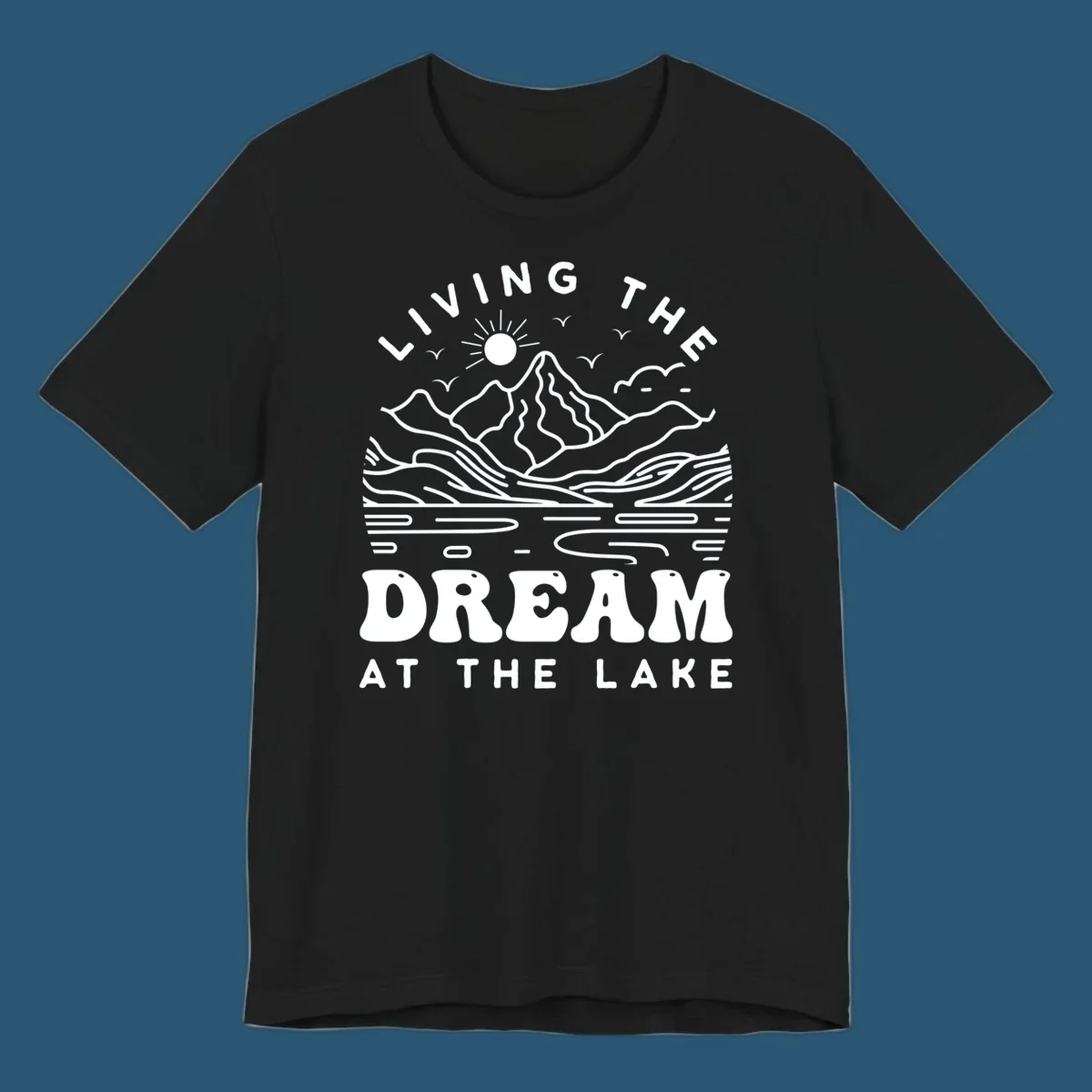 Living the dream at the lake scenic mountain landscape with sun and birds artwork.