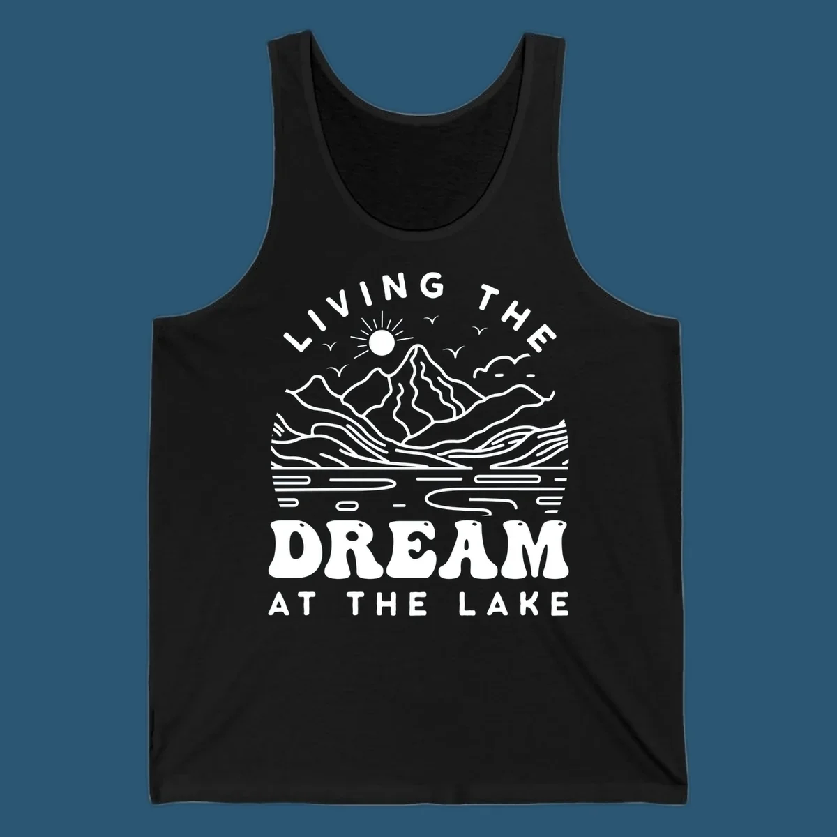 Living the dream at the lake scenic mountain landscape with sun and birds artwork.