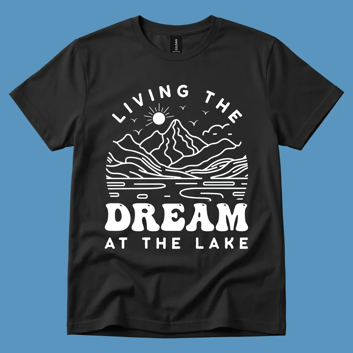 Living the dream at the lake scenic mountain landscape with sun and birds artwork.