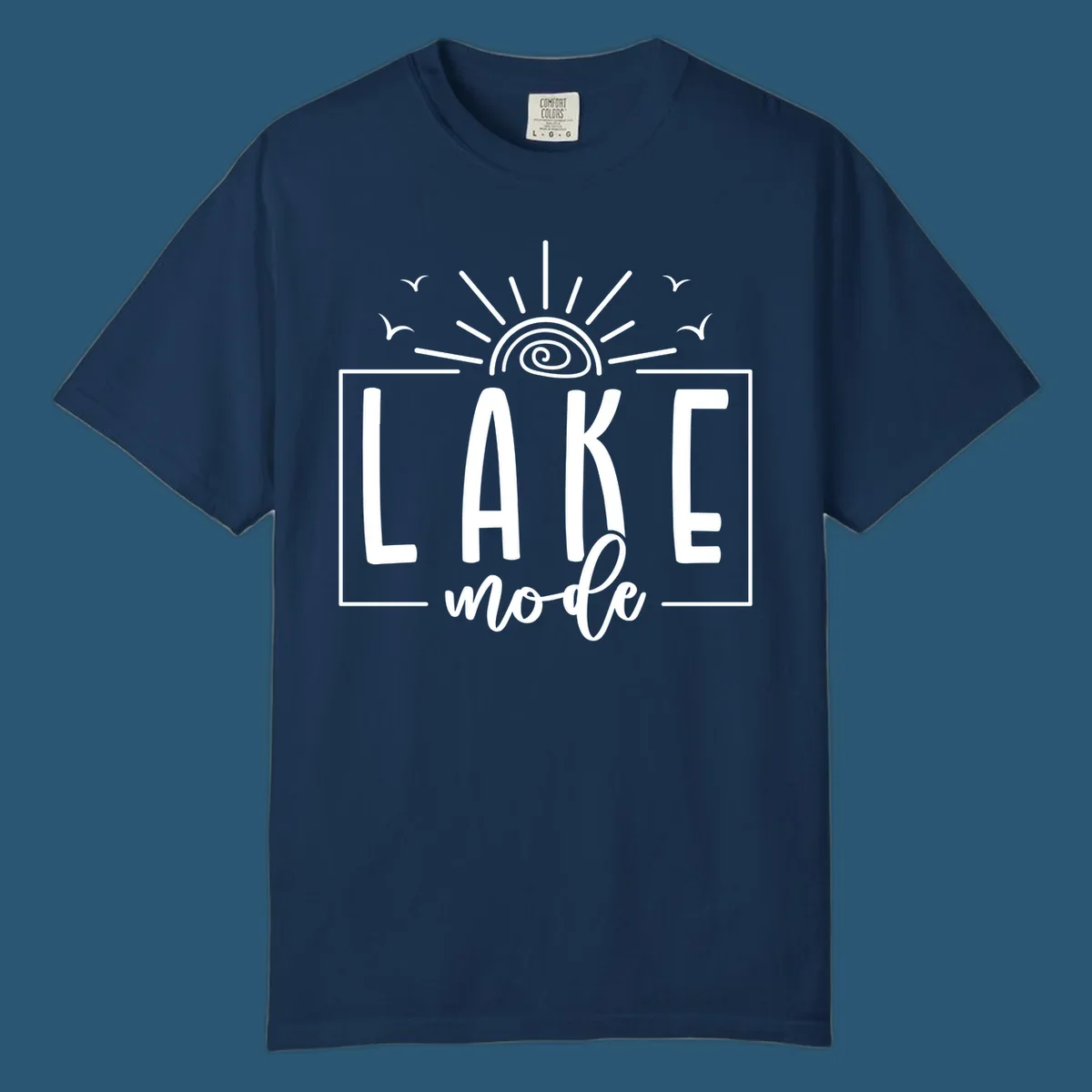Lake mode text with sun and birds illustration