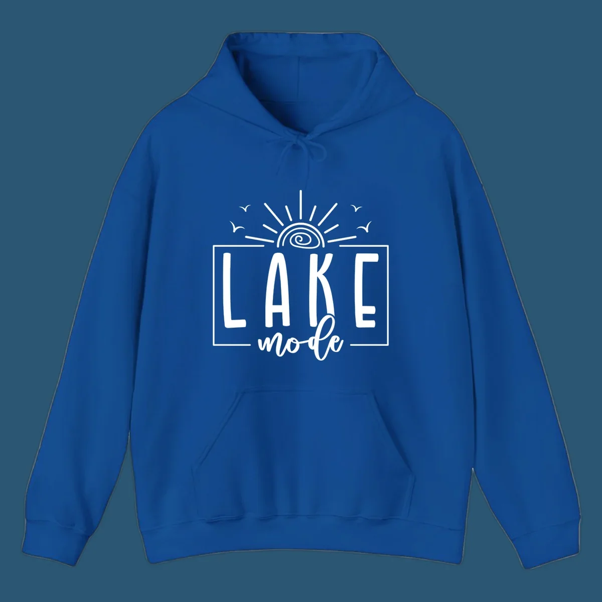 Lake mode text with sun and birds illustration