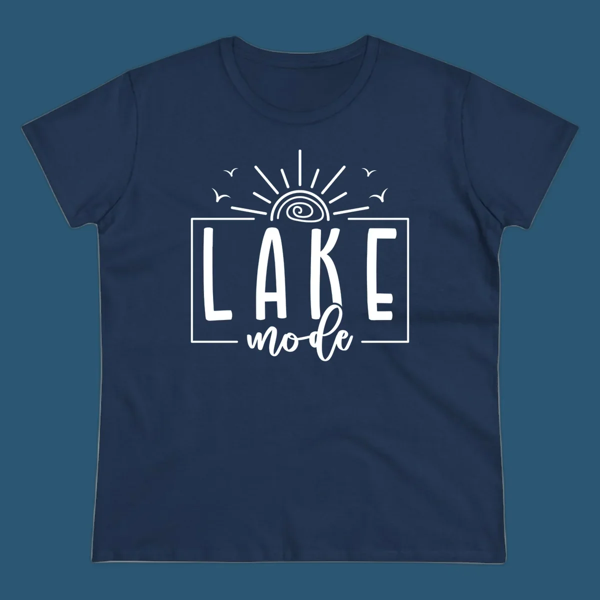 Lake mode text with sun and birds illustration