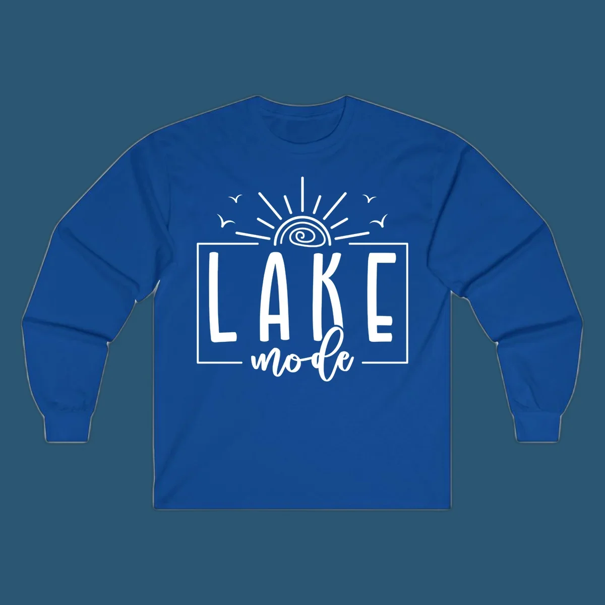Lake mode text with sun and birds illustration