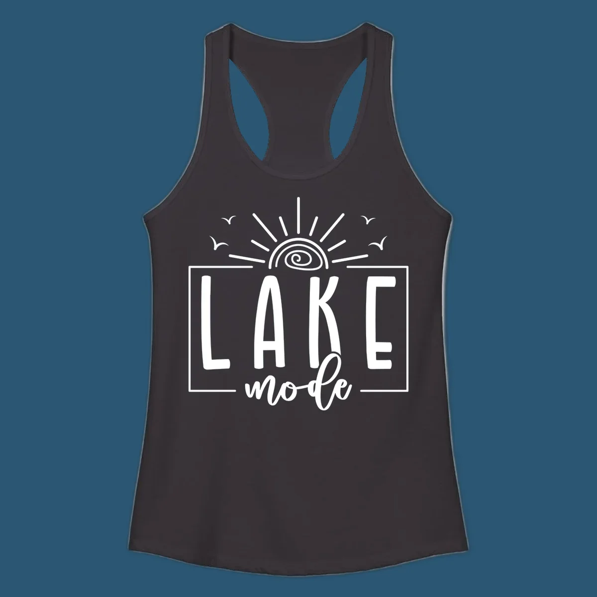 Lake mode text with sun and birds illustration