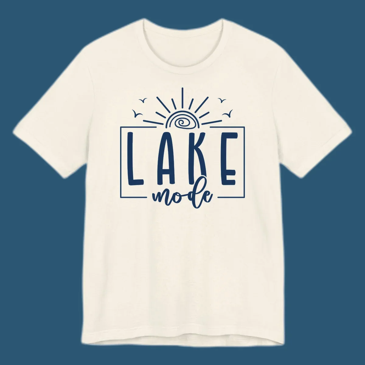 Lake mode text with sun and birds illustration